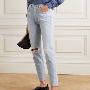 Citizens of Humanity blue straight legged high rise knee ripped jeans